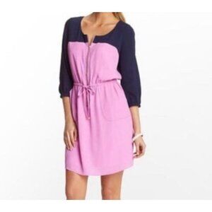 Lilly Pulitzer Colorblock Navy Blue Pink 3/4 Sleeve Mini Front Tie Dress Size 2